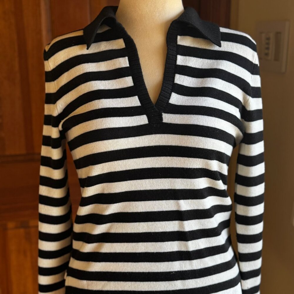Dana Buchman Vintage Wool Striped V Neck Collared Sweater, M